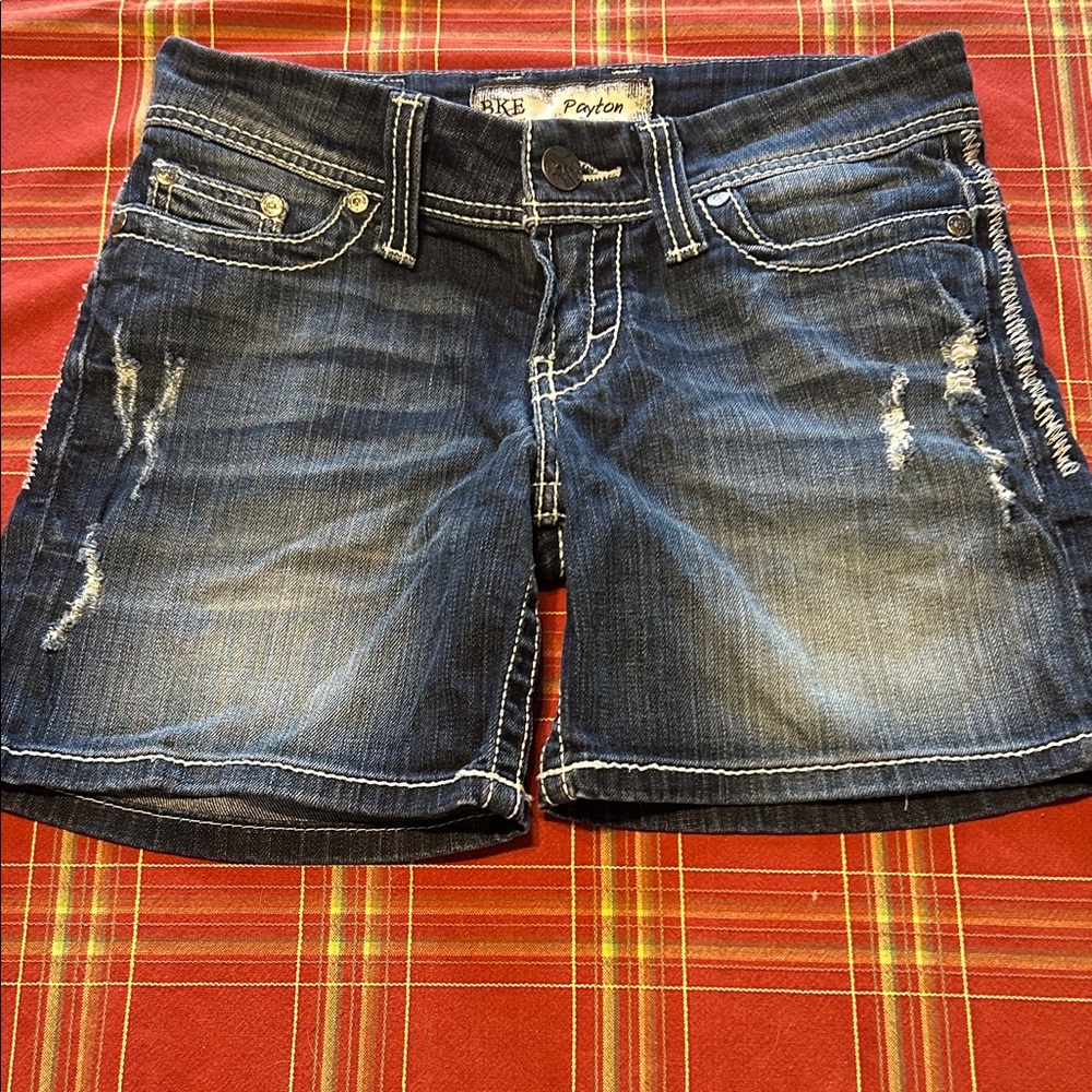 BKE denim Payton Shorts Women’s Button Zip Up 26 Blue Jeans Distressed